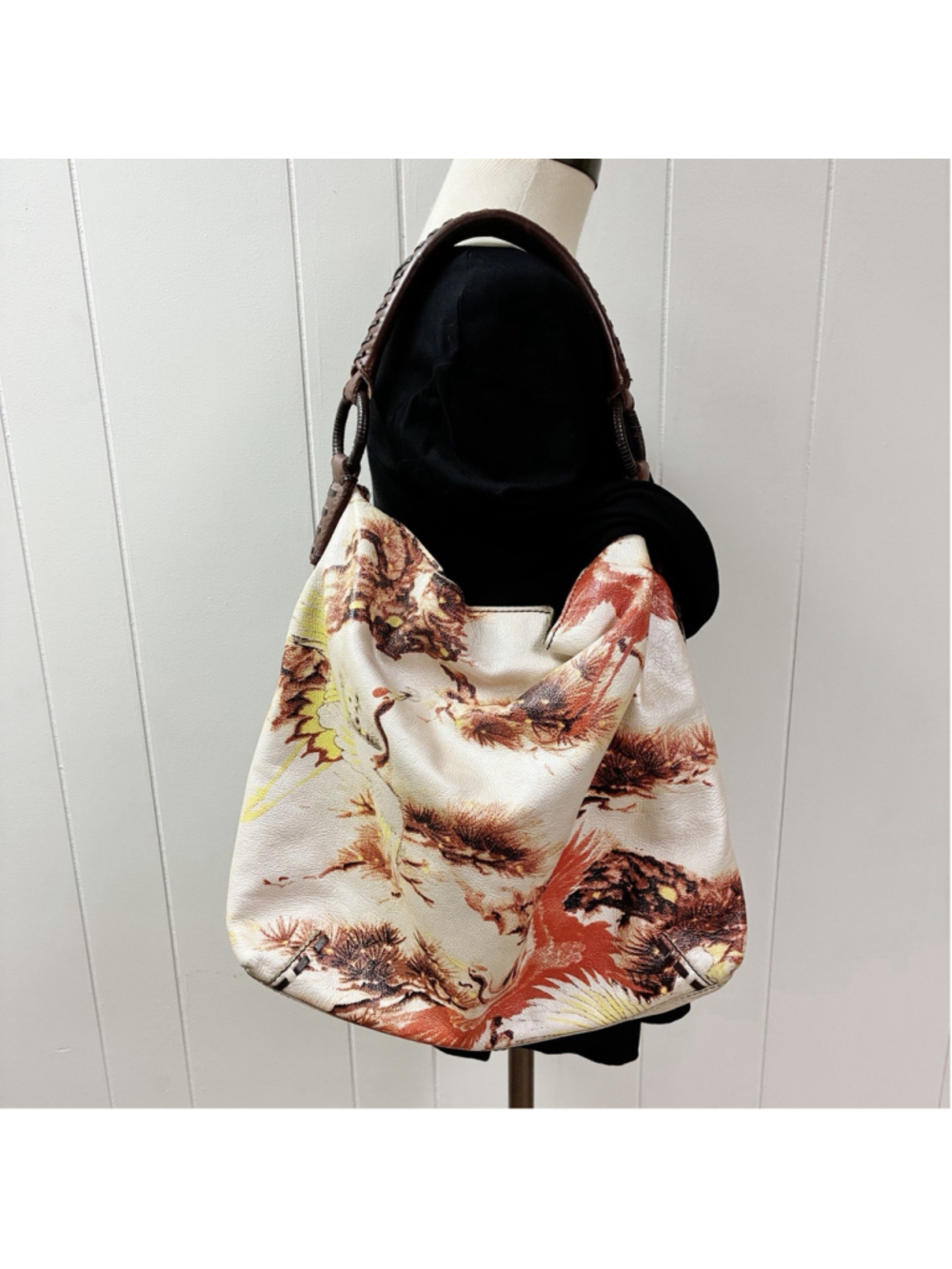 Vtg Lucky Brand Y2K Leather Crane Tree Print Hobo Shoulder Bag Retired Boho Asia